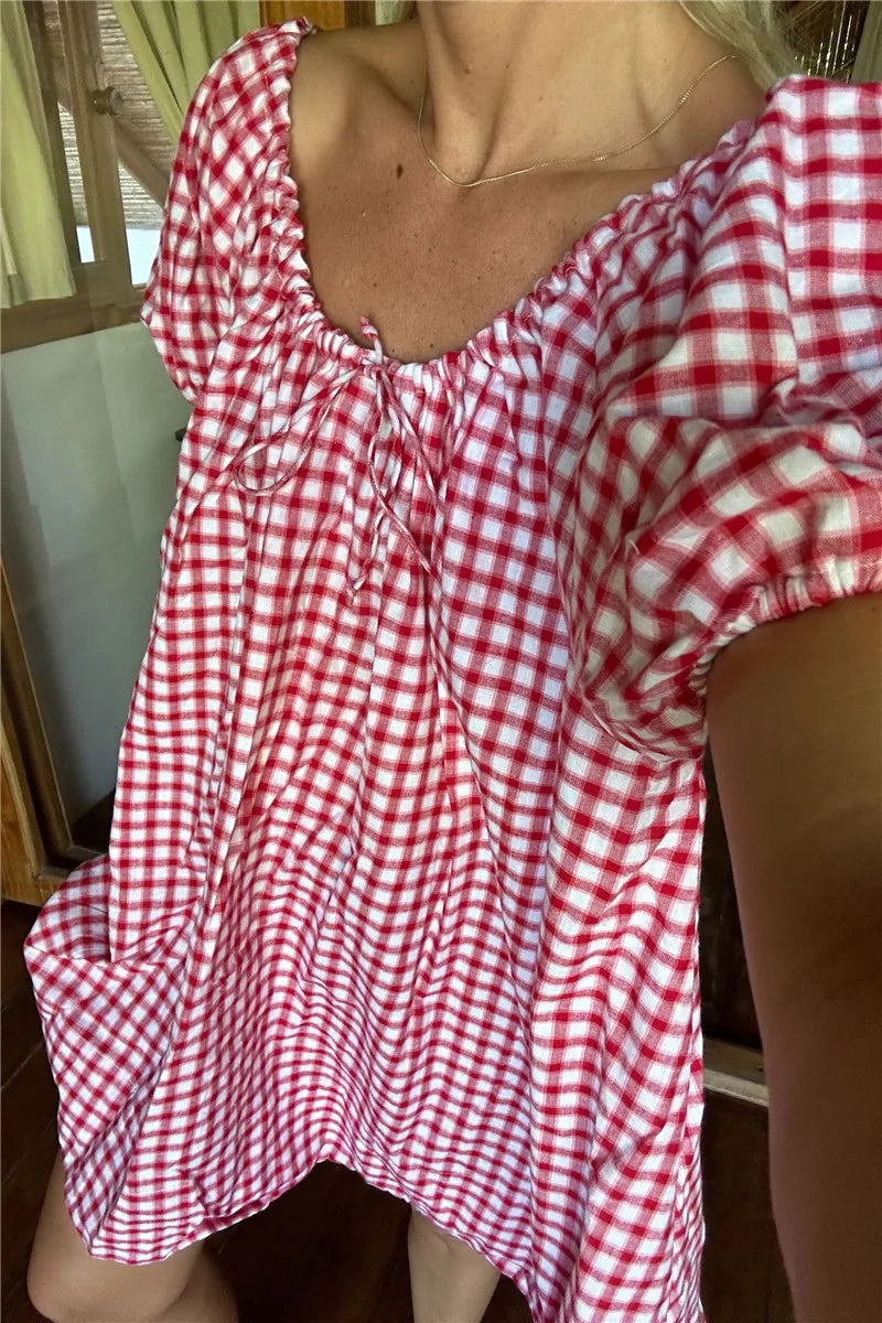 Fashion Women Short Puff Sleeve Mini Dress Y2k Gingham Babydoll Short Dress Loose Flowy Swing Shift Mini Dress Summer Vacation