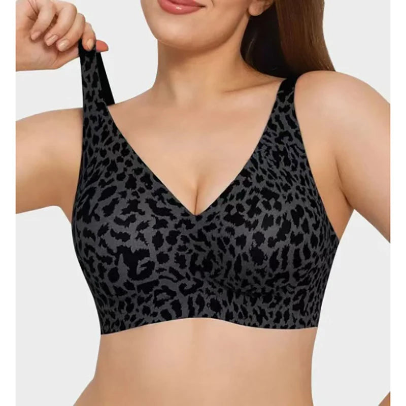 Women's Pink Leopard Print Bra Seamless Wire-Free Underwear Full Cup Soft Support Breathable and Beauty Deep V