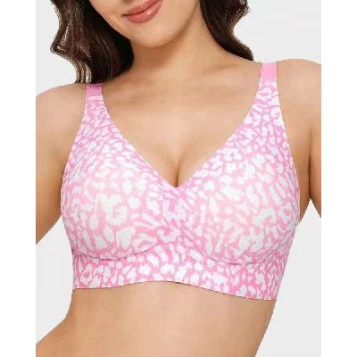 Women's Pink Leopard Print Bra Seamless Wire-Free Underwear Full Cup Soft Support Breathable and Beauty Deep V