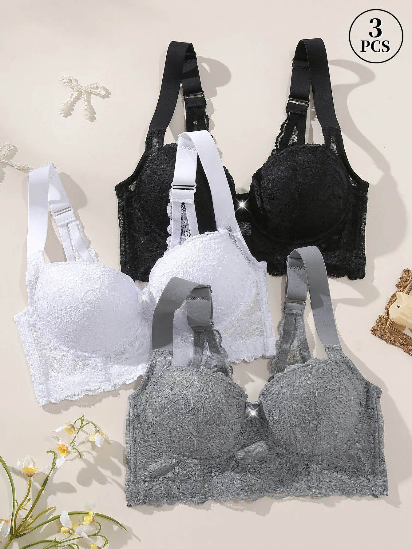 Women's Underwire Push-Up Bra with Side Support and Sexy Lace Detail, Comfortable Wide Straps for Year-Round Wear