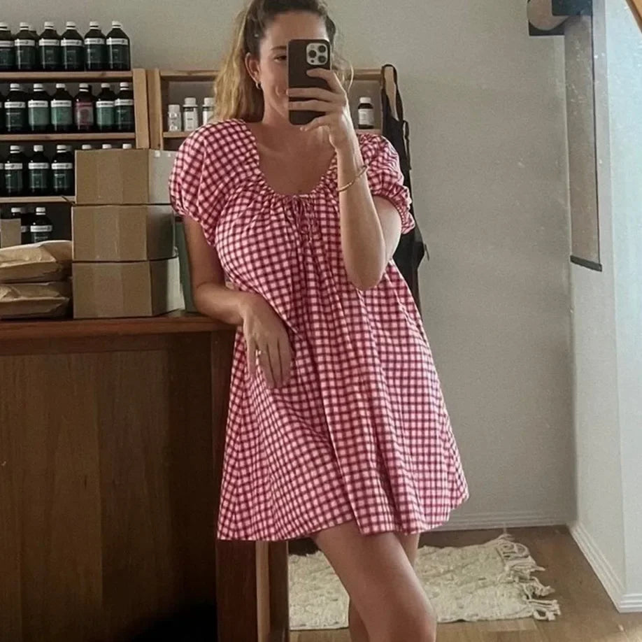 Fashion Women Short Puff Sleeve Mini Dress Y2k Gingham Babydoll Short Dress Loose Flowy Swing Shift Mini Dress Summer Vacation