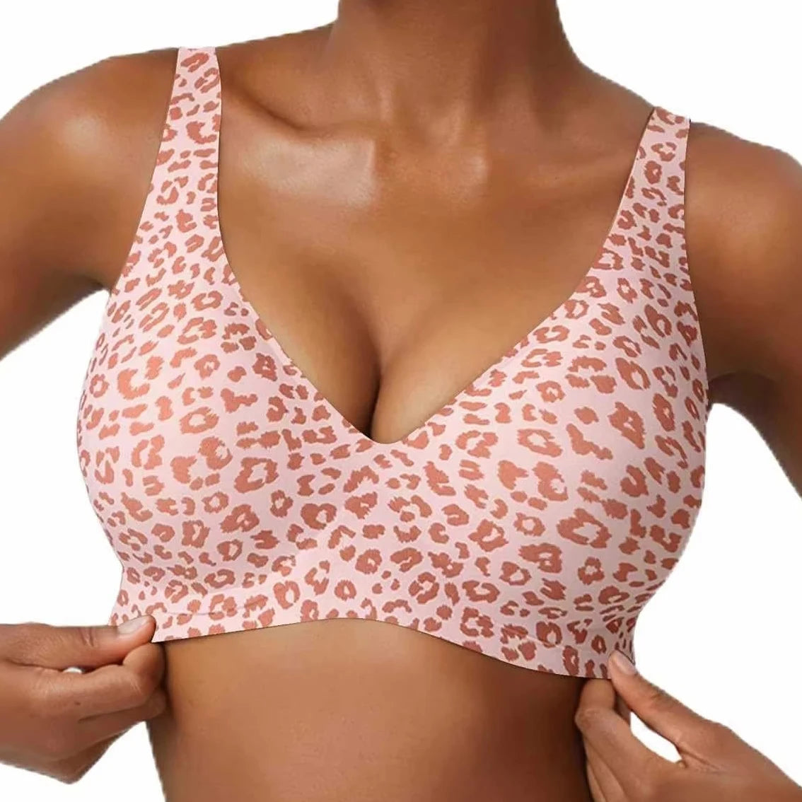 Women's Pink Leopard Print Bra Seamless Wire-Free Underwear Full Cup Soft Support Breathable and Beauty Deep V