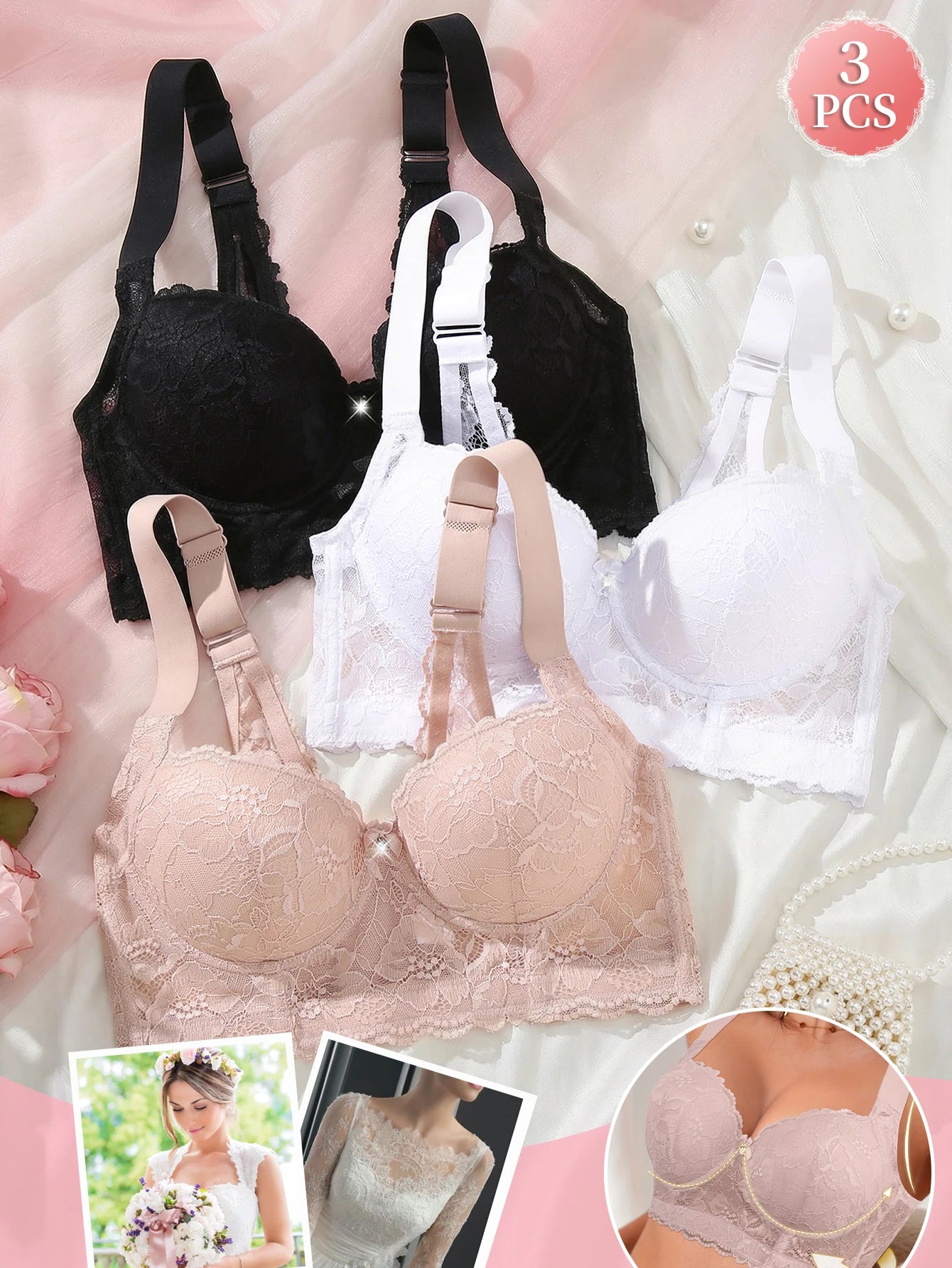 Women's Underwire Push-Up Bra with Side Support and Sexy Lace Detail, Comfortable Wide Straps for Year-Round Wear