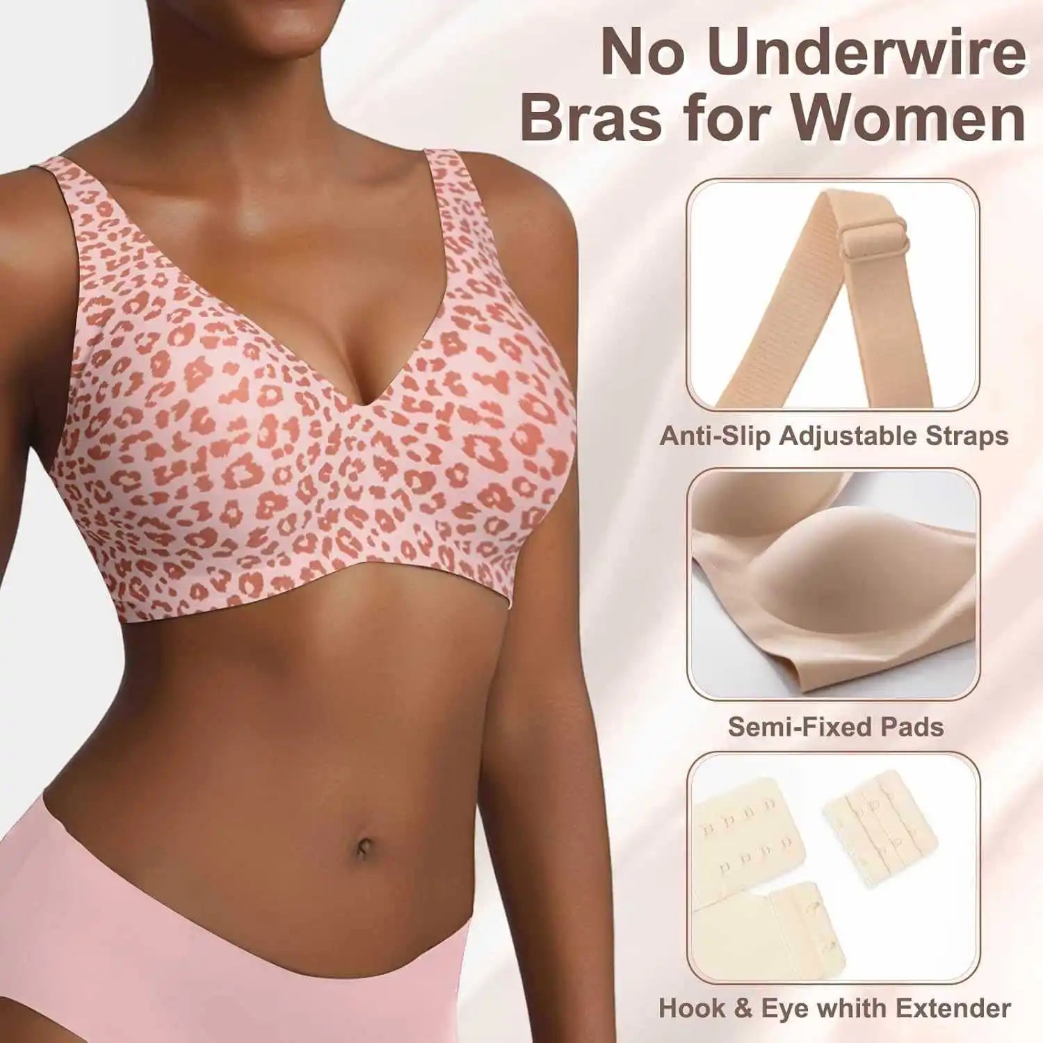Women's Pink Leopard Print Bra Seamless Wire-Free Underwear Full Cup Soft Support Breathable and Beauty Deep V