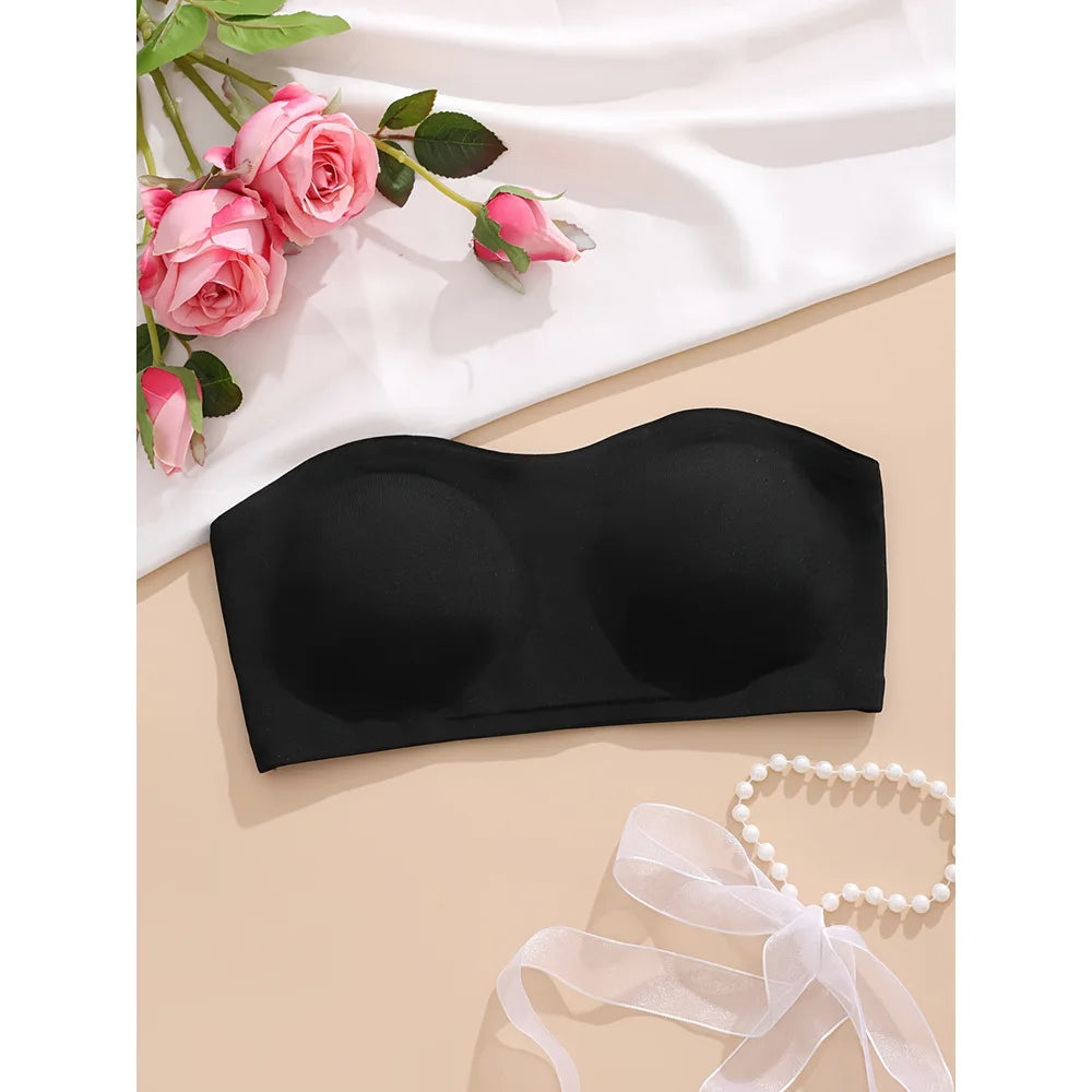 Women's Sexy Strapless Push Up Bra Removable Padded Seamless Ice Silk Top Women Invisible Beauty Back Anti-slip Off-shoulder Bra