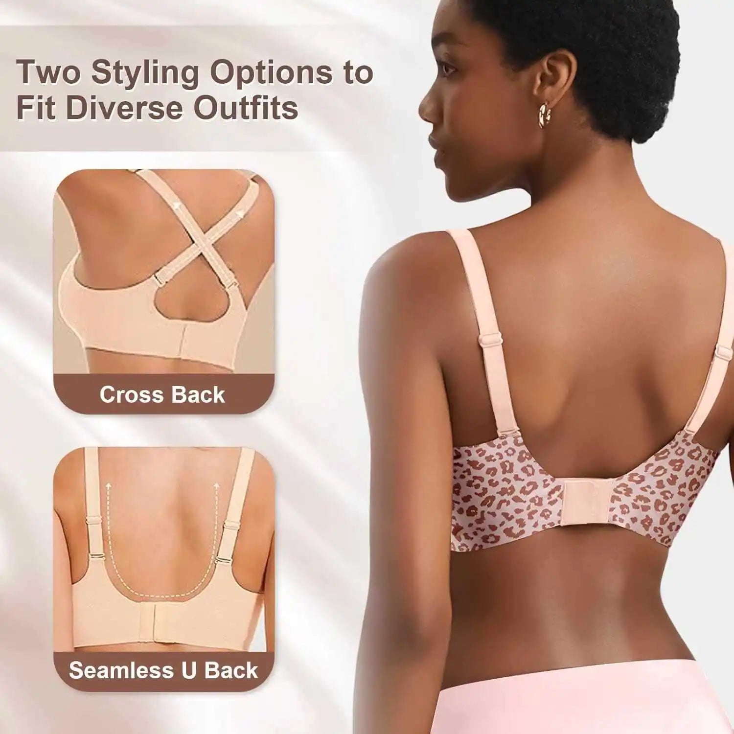 Women's Pink Leopard Print Bra Seamless Wire-Free Underwear Full Cup Soft Support Breathable and Beauty Deep V