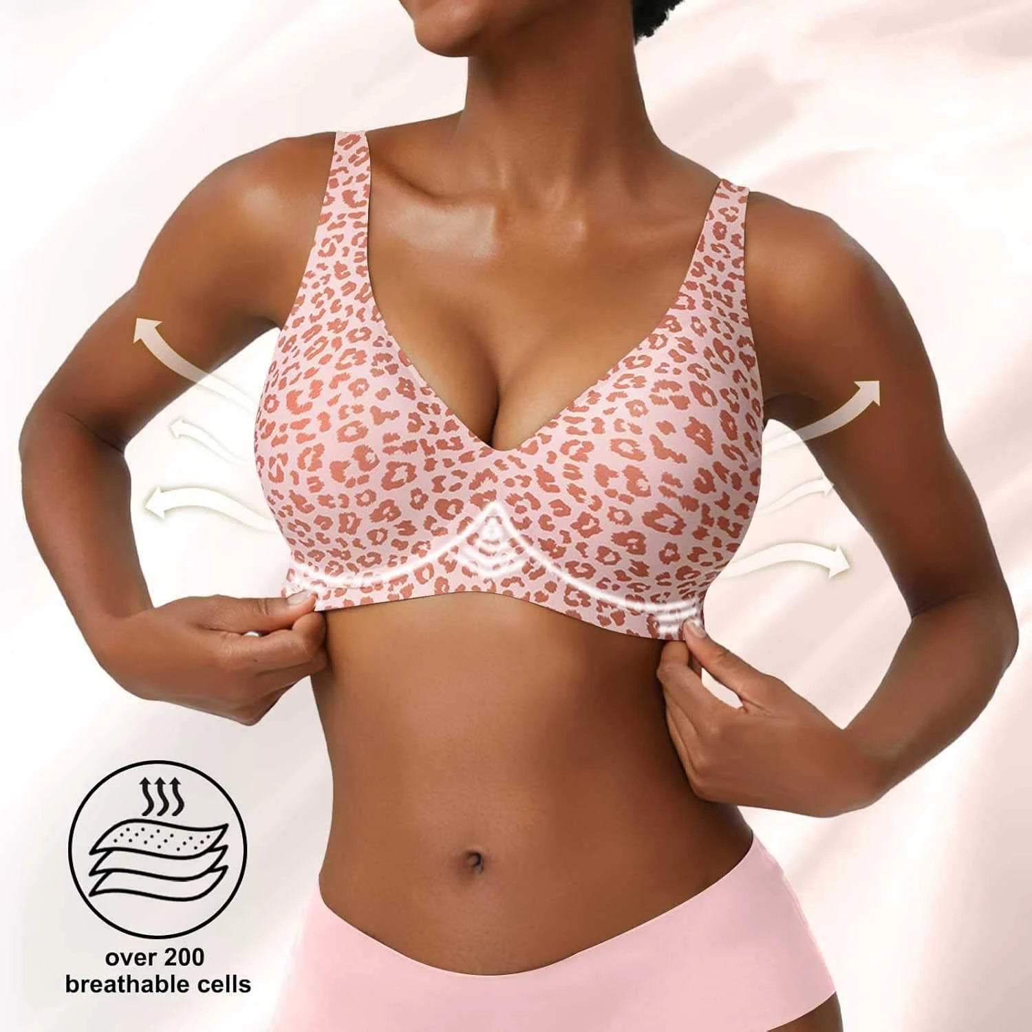 Women's Pink Leopard Print Bra Seamless Wire-Free Underwear Full Cup Soft Support Breathable and Beauty Deep V