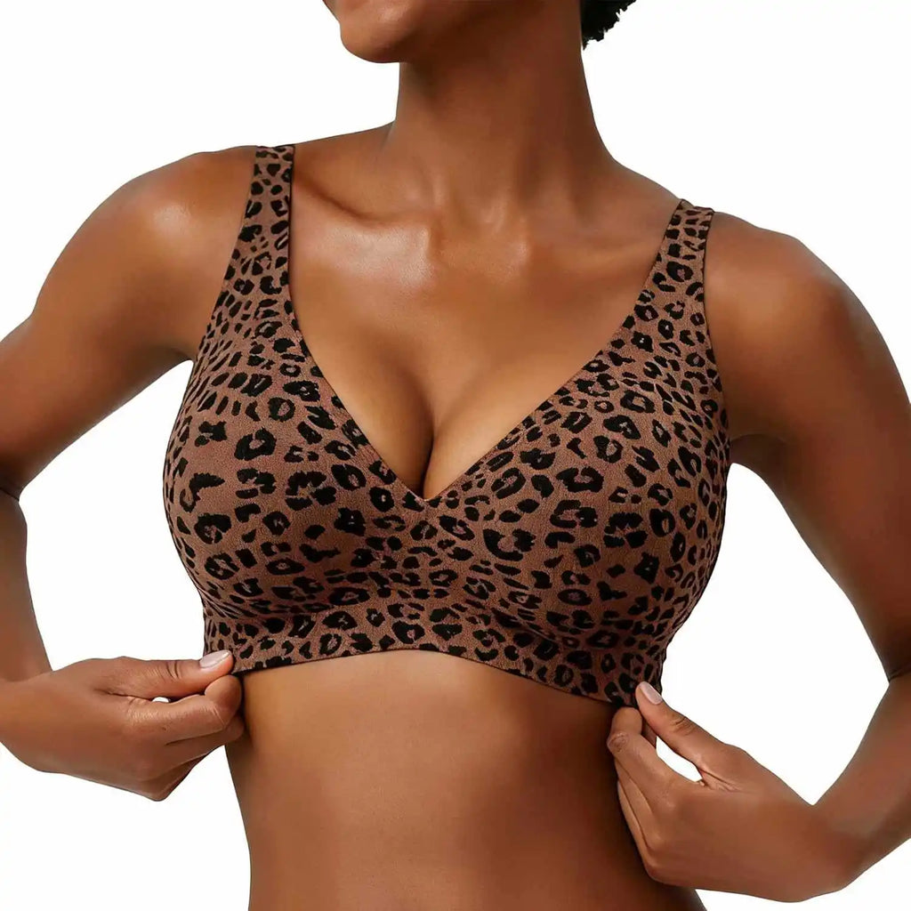 Women's Pink Leopard Print Bra Seamless Wire-Free Underwear Full Cup Soft Support Breathable and Beauty Deep V