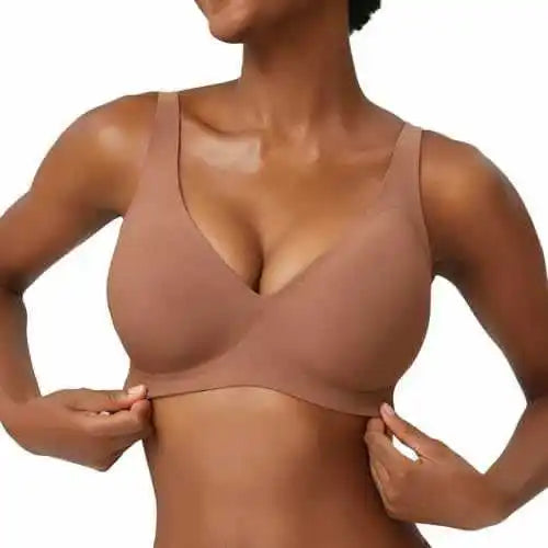 Women's Pink Leopard Print Bra Seamless Wire-Free Underwear Full Cup Soft Support Breathable and Beauty Deep V