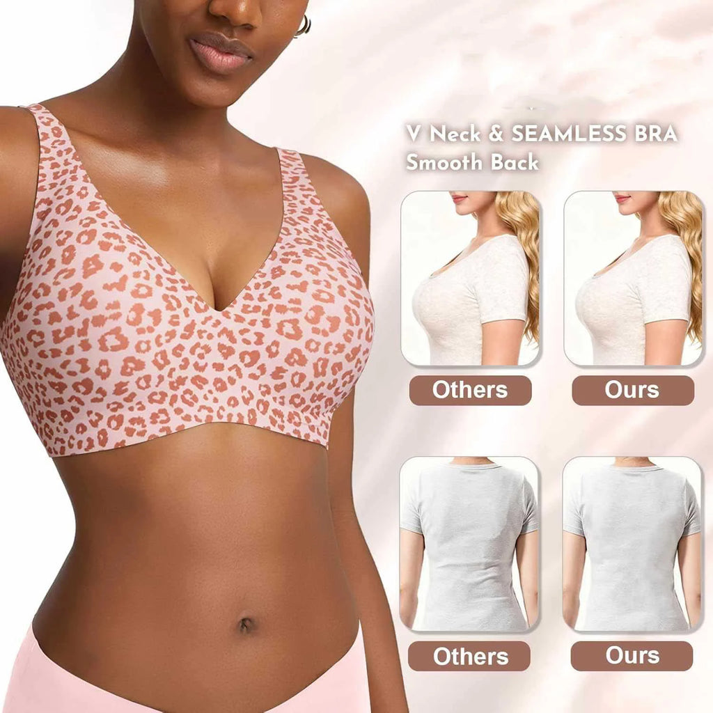 Women's Pink Leopard Print Bra Seamless Wire-Free Underwear Full Cup Soft Support Breathable and Beauty Deep V