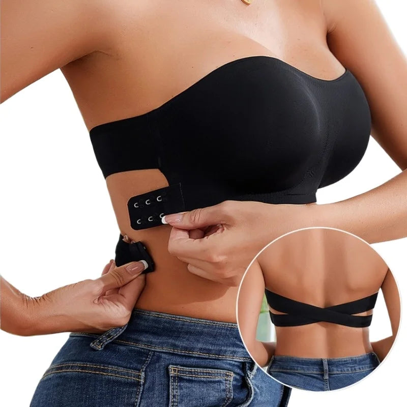 Women's Sexy Strapless Push Up Bra Removable Padded Seamless Ice Silk Top Women Invisible Beauty Back Anti-slip Off-shoulder Bra