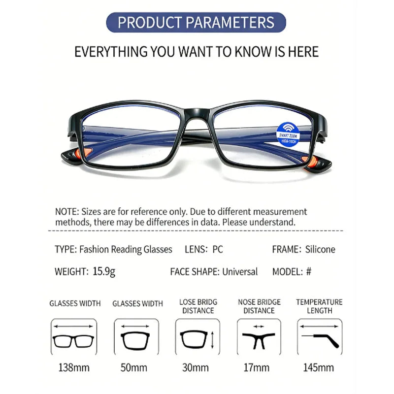 Auto-Adjusting Power Smart Reading Glasses, Ultra-Light High Definition Anti-Blue Light Eyewear for Daily Use