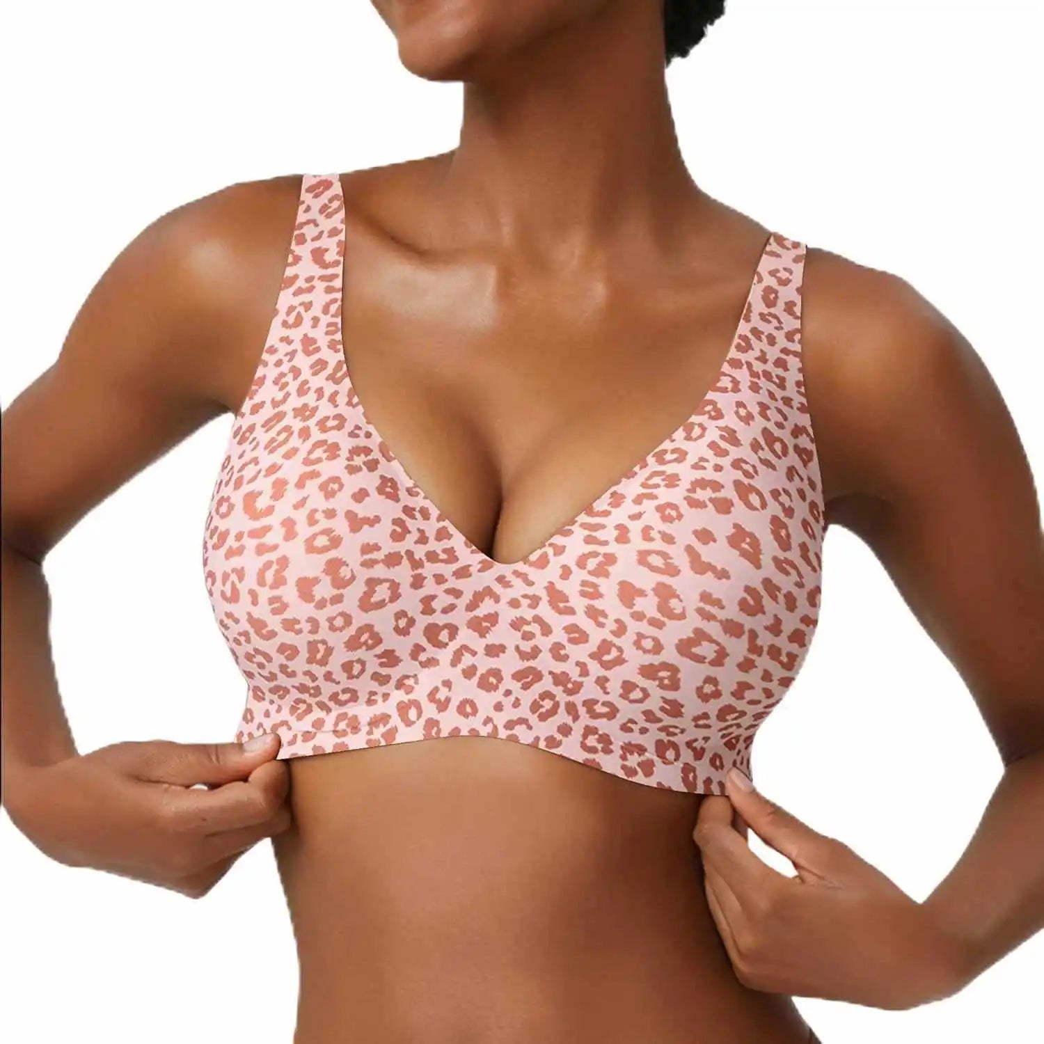 Women's Pink Leopard Print Bra Seamless Wire-Free Underwear Full Cup Soft Support Breathable and Beauty Deep V