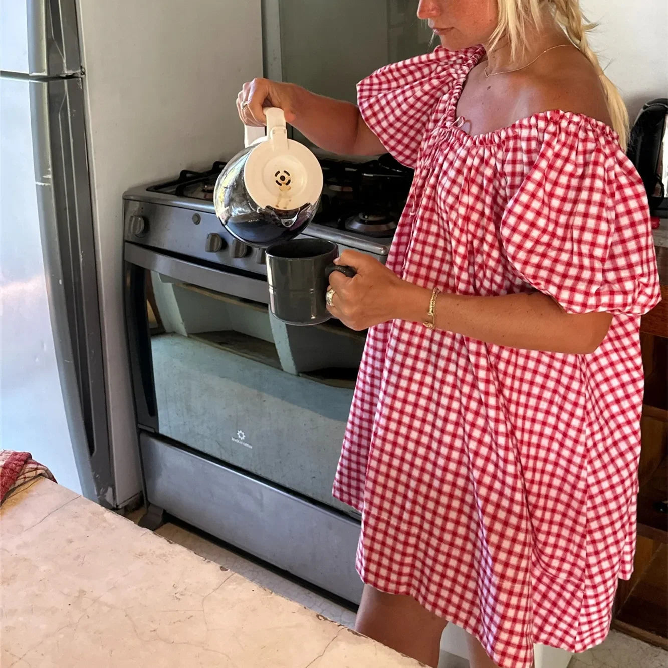 Fashion Women Short Puff Sleeve Mini Dress Y2k Gingham Babydoll Short Dress Loose Flowy Swing Shift Mini Dress Summer Vacation